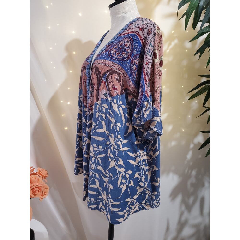 Umgee Boho Mixed Print Oversized Open Kimono Cardigan Top Womens Size S Ruffle - Picture 6 of 10